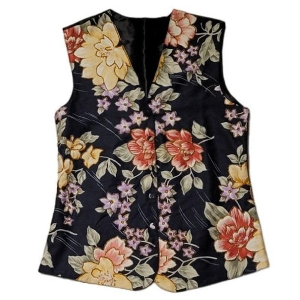 Floral Beaded Vest Vintage 80s Womens Size S Black Boho Maximalist Cottage Artsy